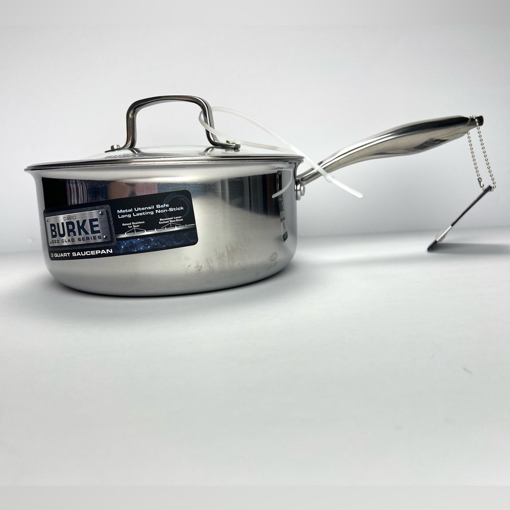 David Burke Saucepan with Lid 3 Quart 8”Geo Clad Tri-Ply Stainless Steel Pot Pan